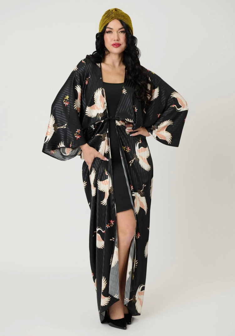 Black & White Crane Long Kimono OS