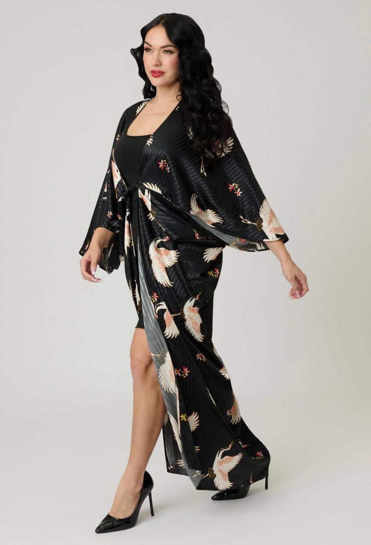Black & White Crane Long Kimono OS