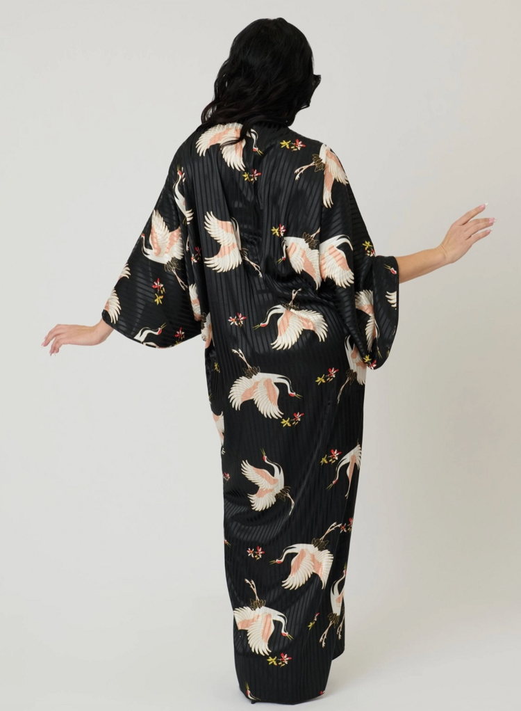 Black & White Crane Long Kimono OS