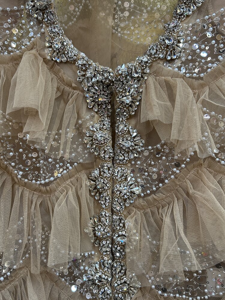 Multi-Embellished Ruffled Frill Sheer Jacket Nude