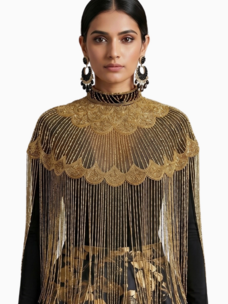 Kismet Nomade Art Deco Beaded Fringe Cape Black and Gold