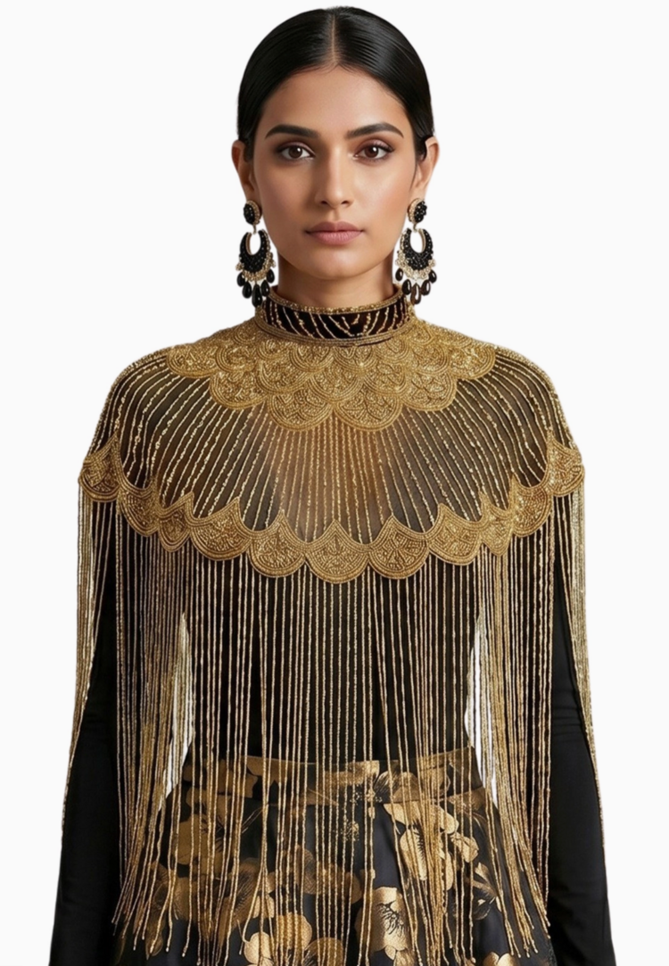 Kismet Nomade Art Deco Beaded Fringe Cape Black and Gold
