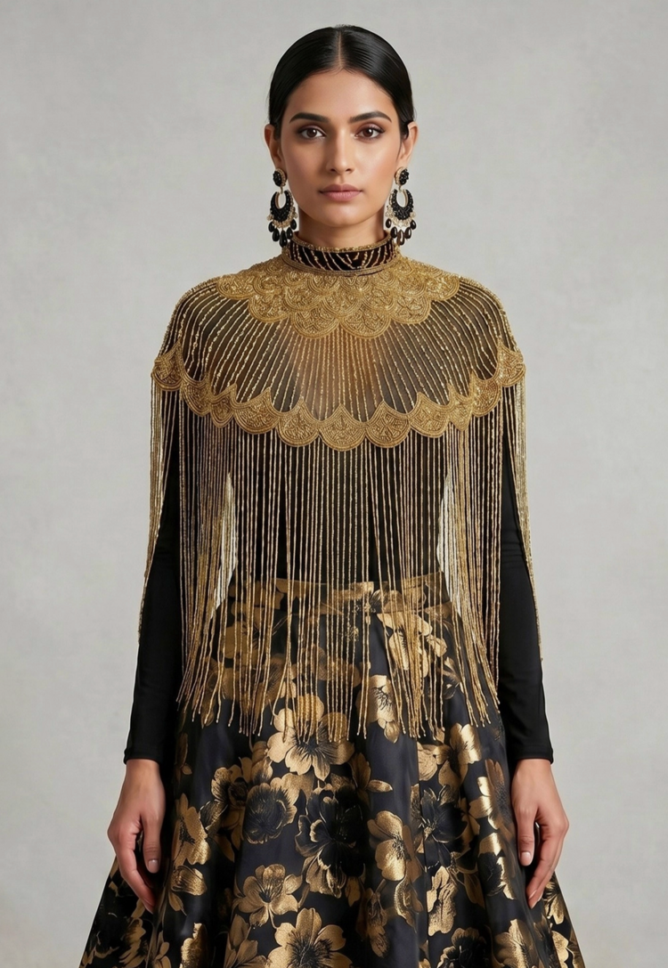 Kismet Nomade Art Deco Beaded Fringe Cape Black and Gold