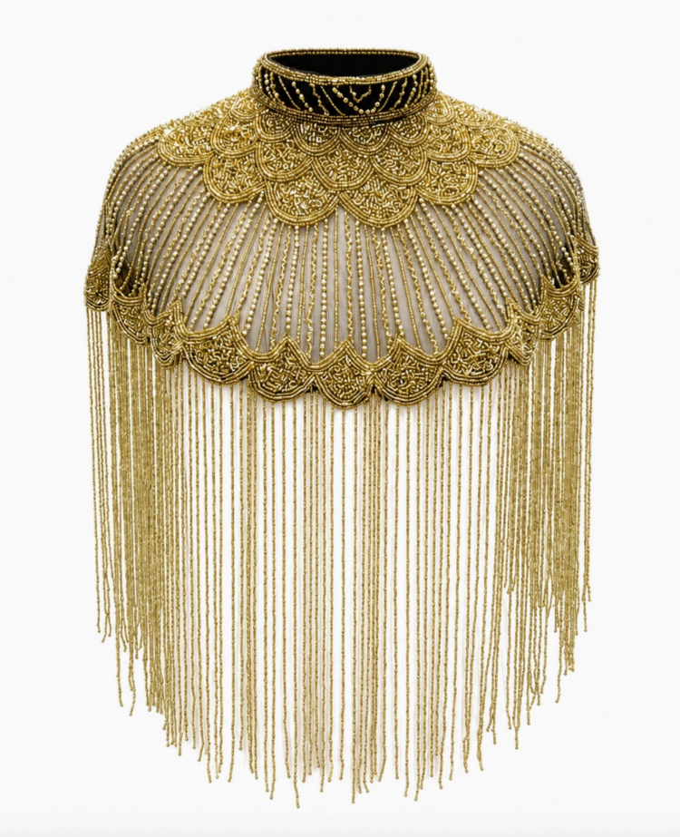 Kismet Nomade Art Deco Beaded Fringe Cape Black and Gold