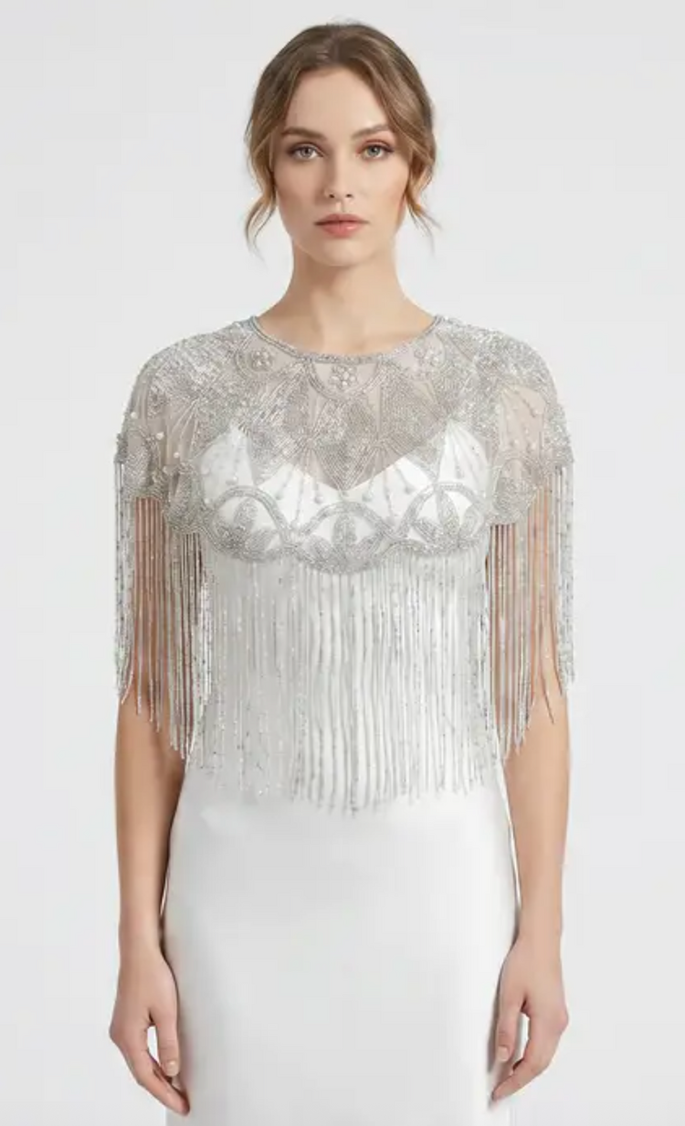 Kismet Nomade Celeste Art Deco Beaded Fringe Cape Silver