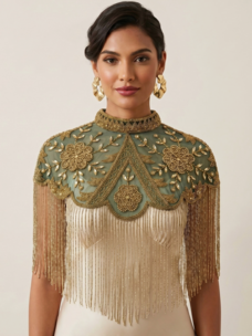 Kismet Nomade Verdant Palace Beaded Fringe Cape Green and Gold