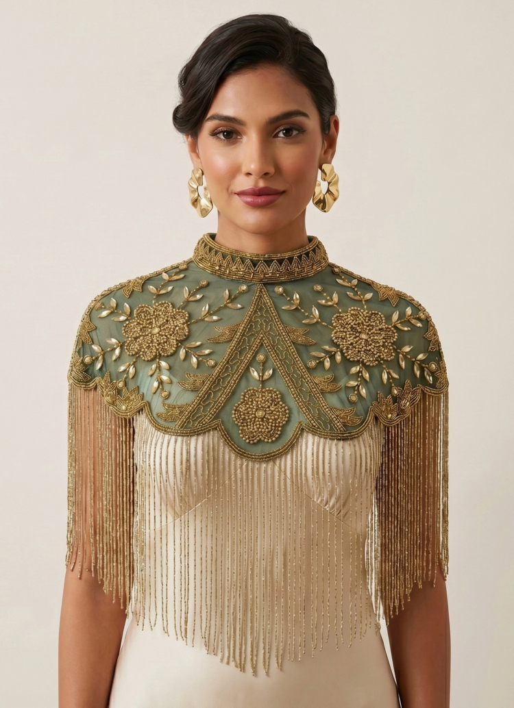 Kismet Nomade Verdant Palace Beaded Fringe Cape Green and Gold