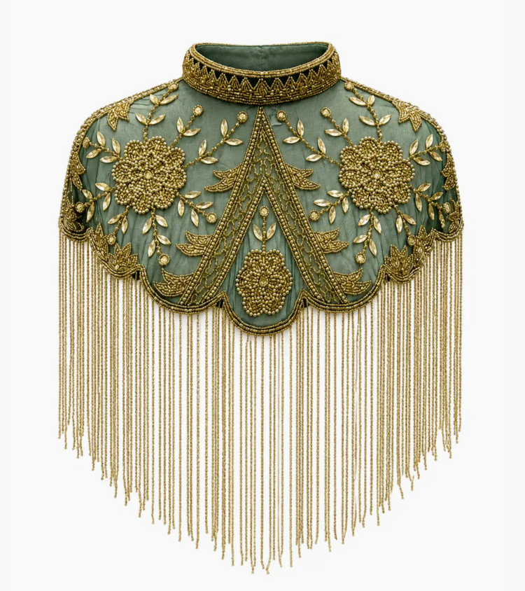 Kismet Nomade Verdant Palace Beaded Fringe Cape Green and Gold