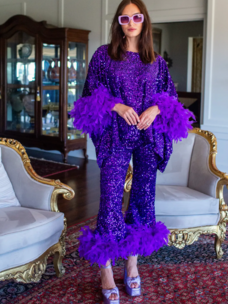 Cara Sequin Feather Trim Disco Set Fuchsia Flash