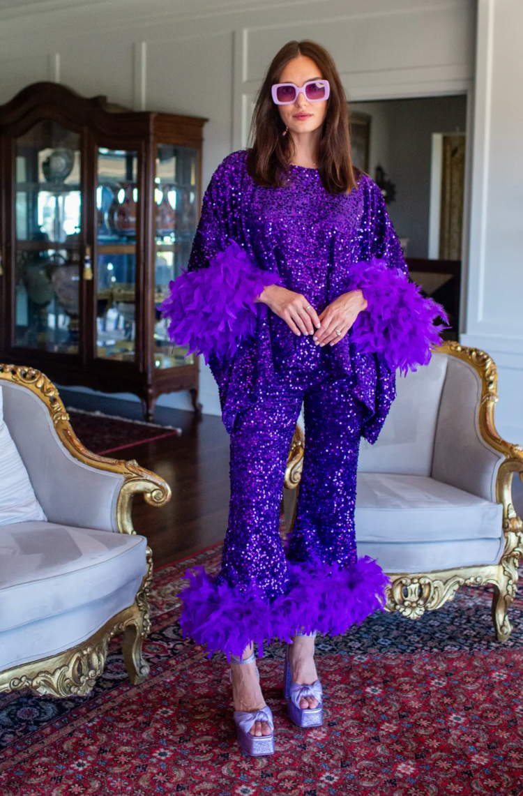 Cara Sequin Feather Trim Disco Set Fuchsia Flash