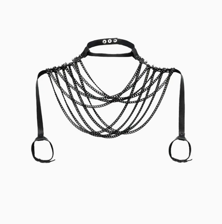 The Dark Leather Chain Drape Harness Choker Black