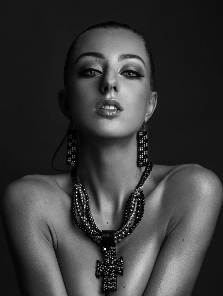 The Dark Leather Beaded Cross Statement Necklace Black/Gold