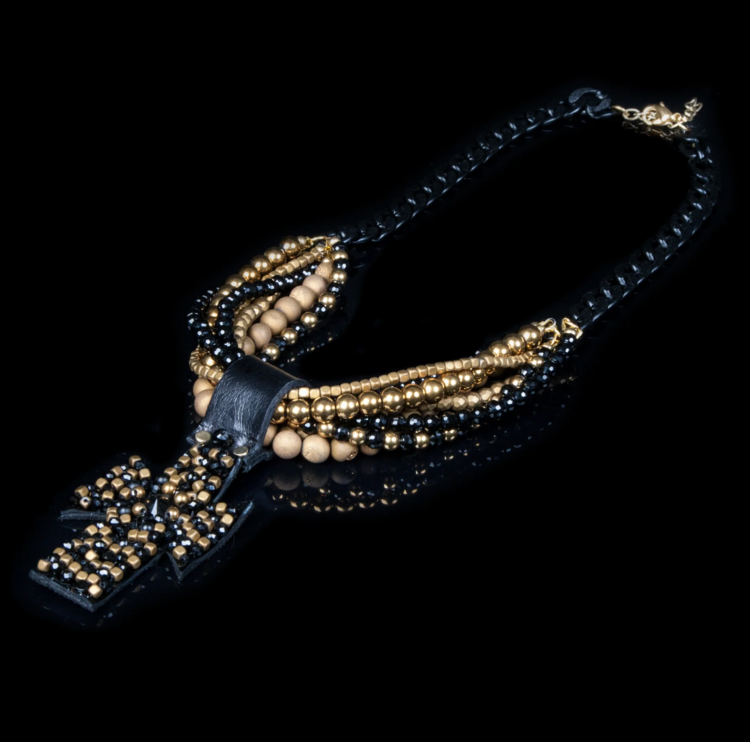 The Dark Leather Beaded Cross Statement Necklace Black/Gold