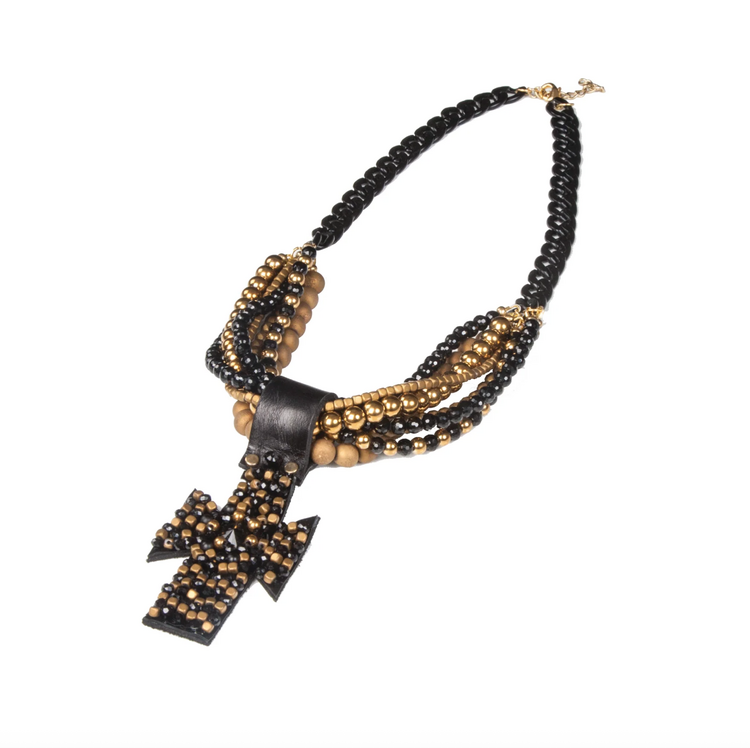 The Dark Leather Beaded Cross Statement Necklace Black/Gold