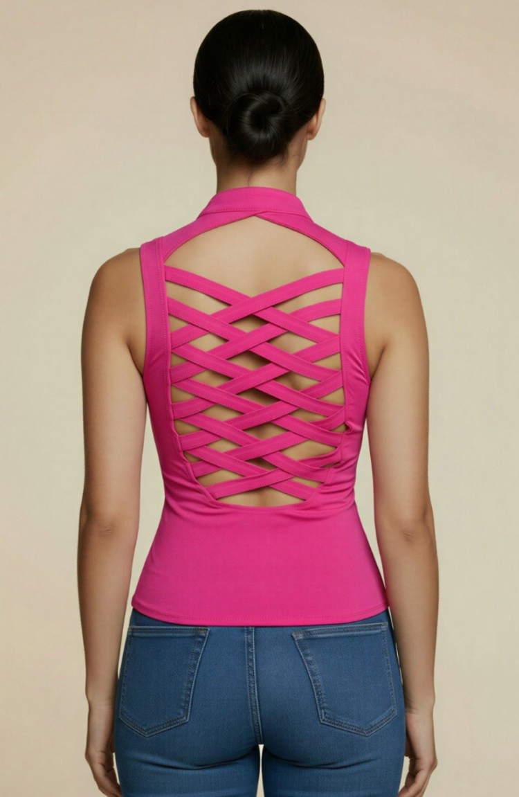 Zip Front Fitted Top Criss Cross Back