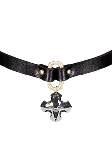 Crystal Drop Leather Choker Black Strap with Gold Loop