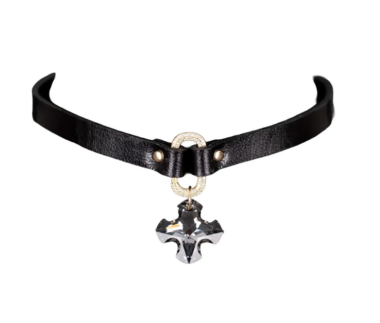 Crystal Drop Leather Choker Black Strap with Gold Loop