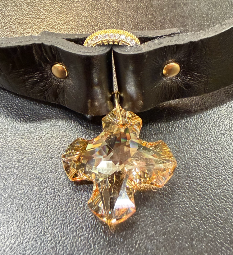 Crystal Drop Leather Choker Black Strap with Gold Loop