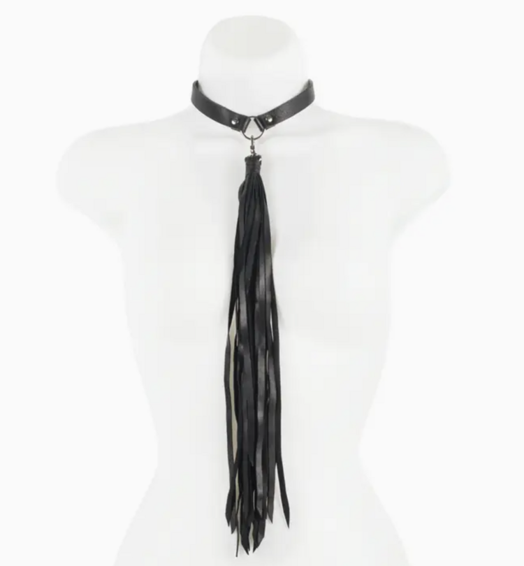 Italian Leather Fringe Whip Choker Black