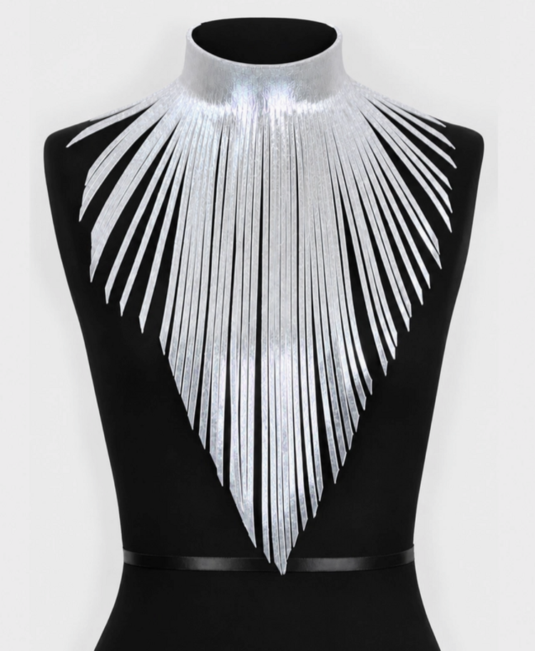 Metallic Leather Fringe Statement Necklace Silver