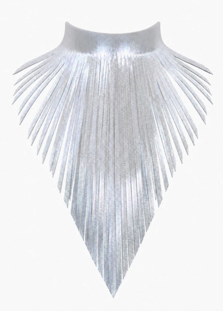 Metallic Leather Fringe Statement Necklace Silver