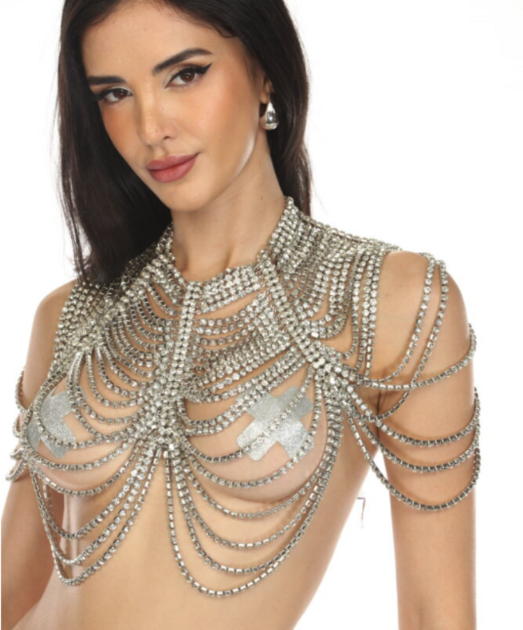 Draped Rhinestone Shawl Collar Silver