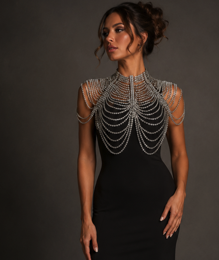 Draped Rhinestone Shawl Collar Silver