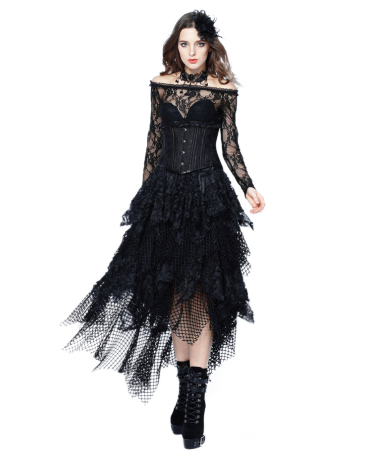 Gothic Messy Mesh Lace Skirt Black