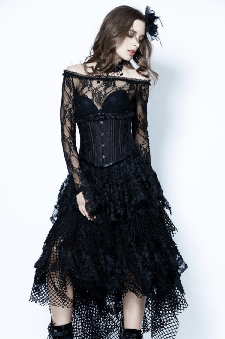 Gothic Messy Mesh Lace Skirt Black