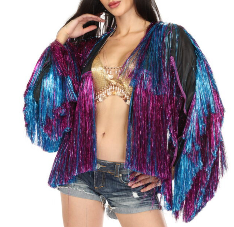 Cropped Tinsel Fringe Jacket Purple and Blue