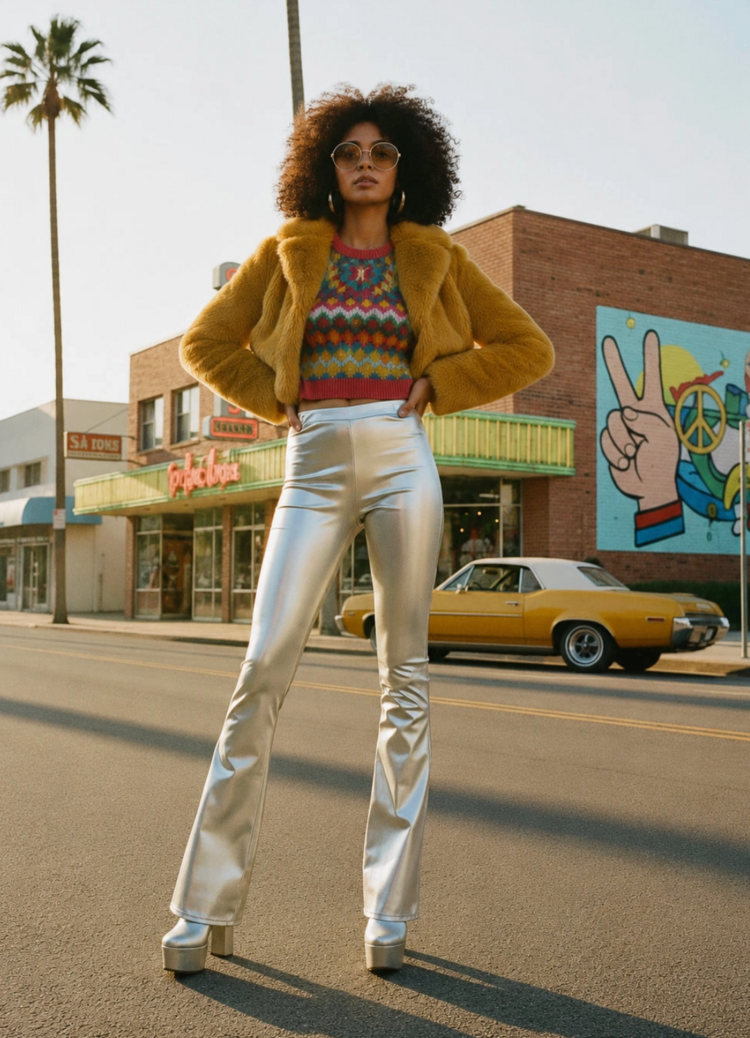 Faux Leather Metallic Silver Bell Bottoms