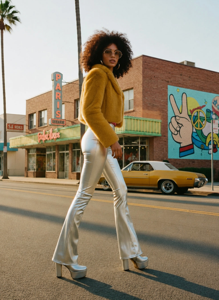 Faux Leather Metallic Silver Bell Bottoms
