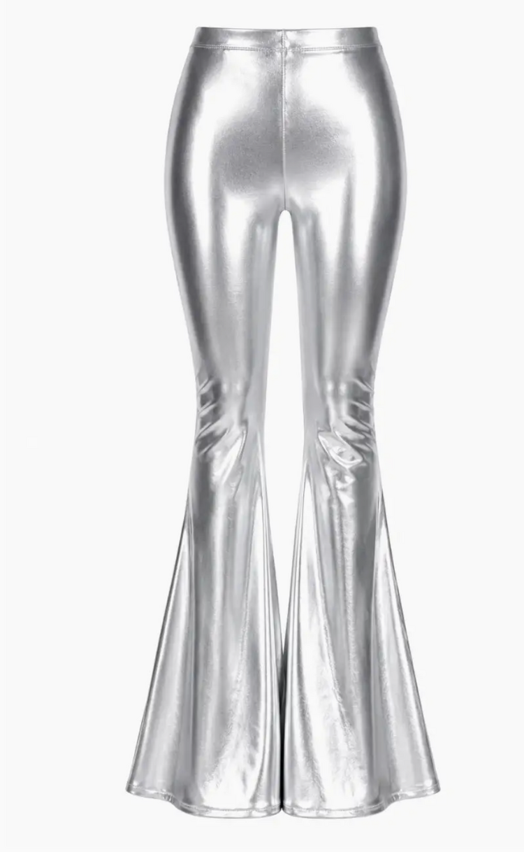 Faux Leather Metallic Silver Bell Bottoms
