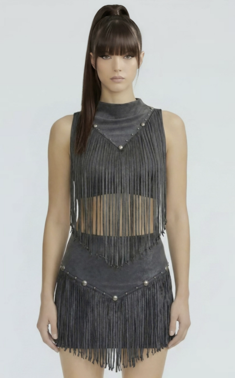 Desert Drift Fringe Mock Neck Crop Top Black