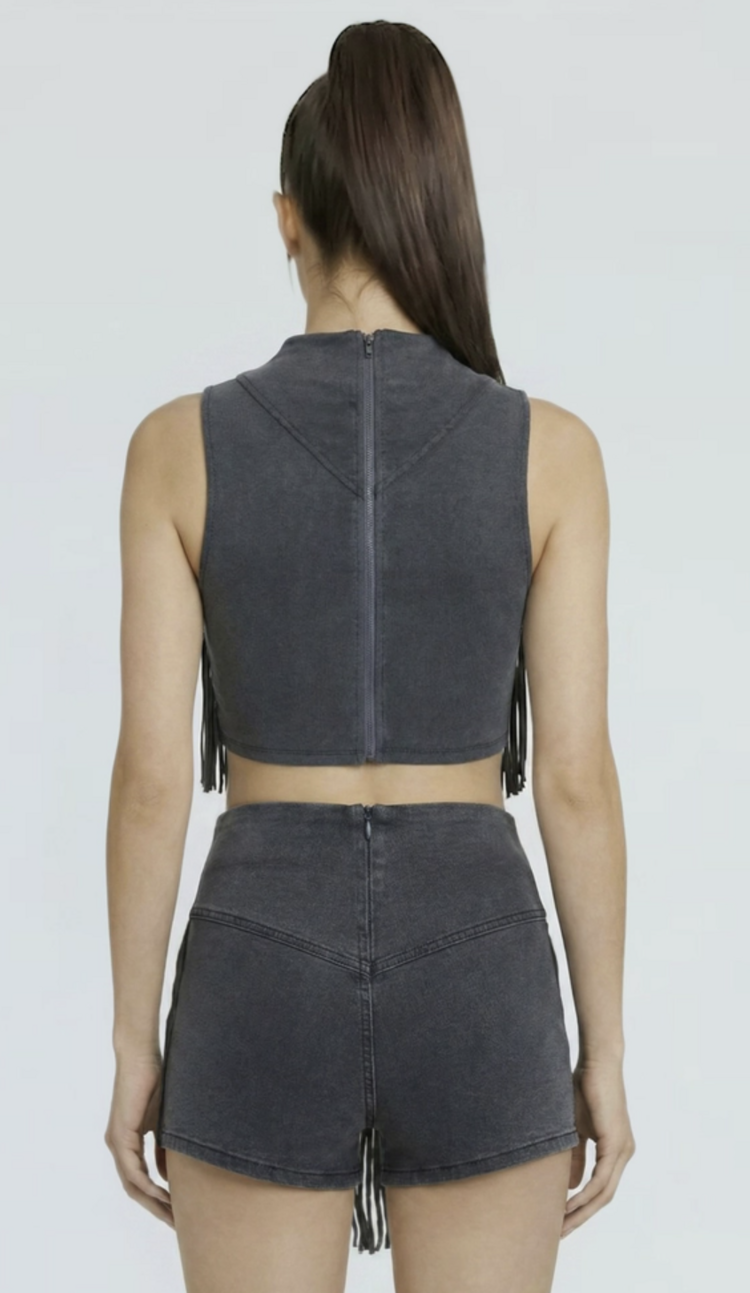 Desert Drift Fringe Mock Neck Crop Top Black