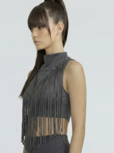 Desert Drift Fringe Mock Neck Crop Top Black