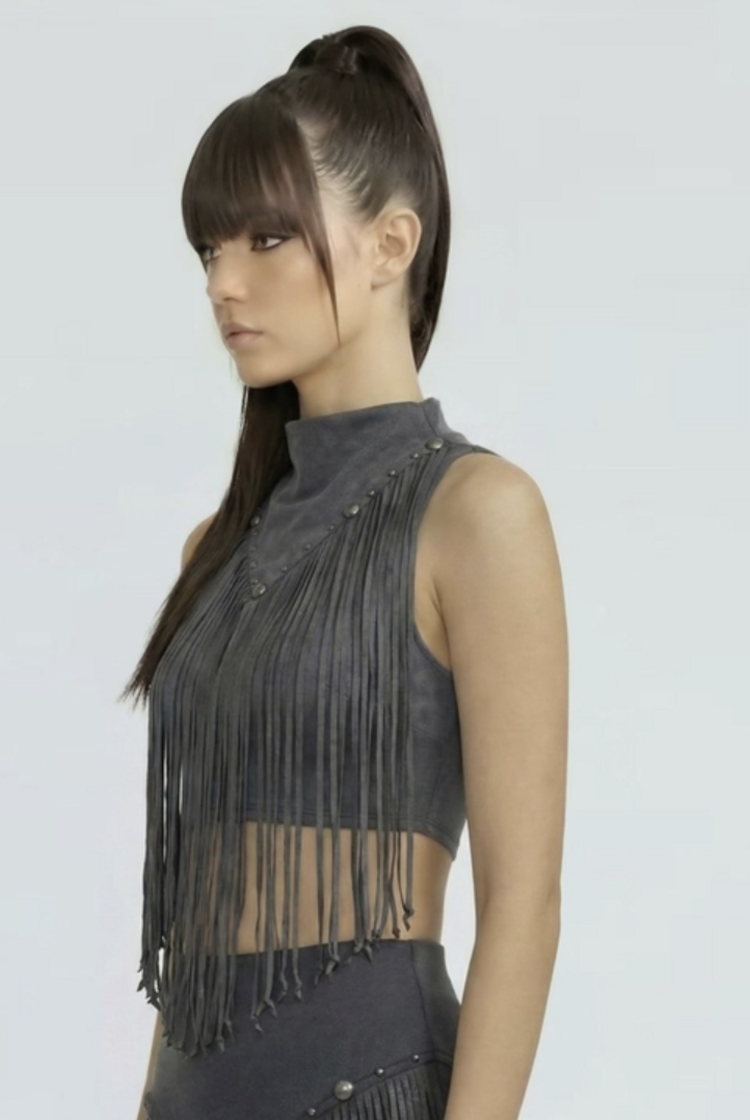 Desert Drift Fringe Mock Neck Crop Top Black