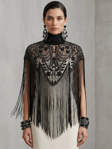 Noir Jardin Beaded Capelet Black Fringe