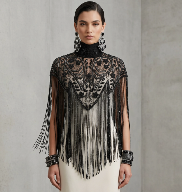Noir Jardin Beaded Capelet Black Fringe