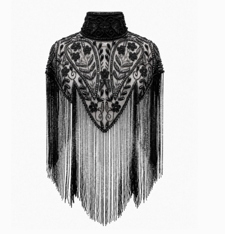 Noir Jardin Beaded Capelet Black Fringe