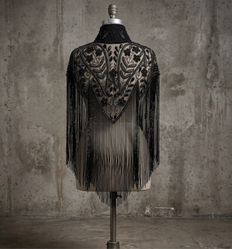 Noir Jardin Beaded Capelet Black Fringe