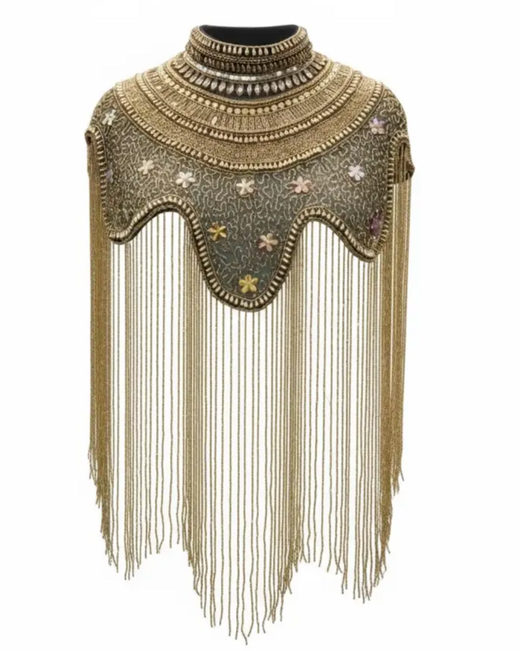 Antique Garden Beaded Fringe Cape Black and Gold