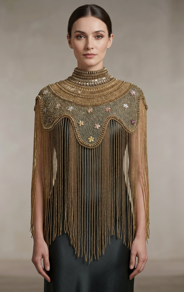 Antique Garden Beaded Fringe Cape Black and Gold