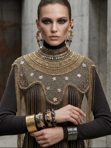 Antique Garden Beaded Fringe Cape Black and Gold