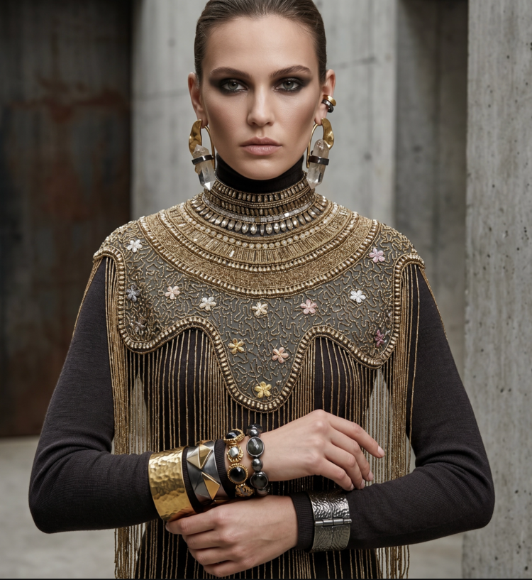Antique Garden Beaded Fringe Cape Black and Gold