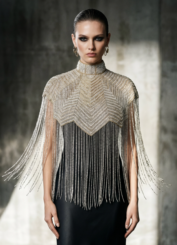 Elysian Beaded Fringe Cape Silver and Gold