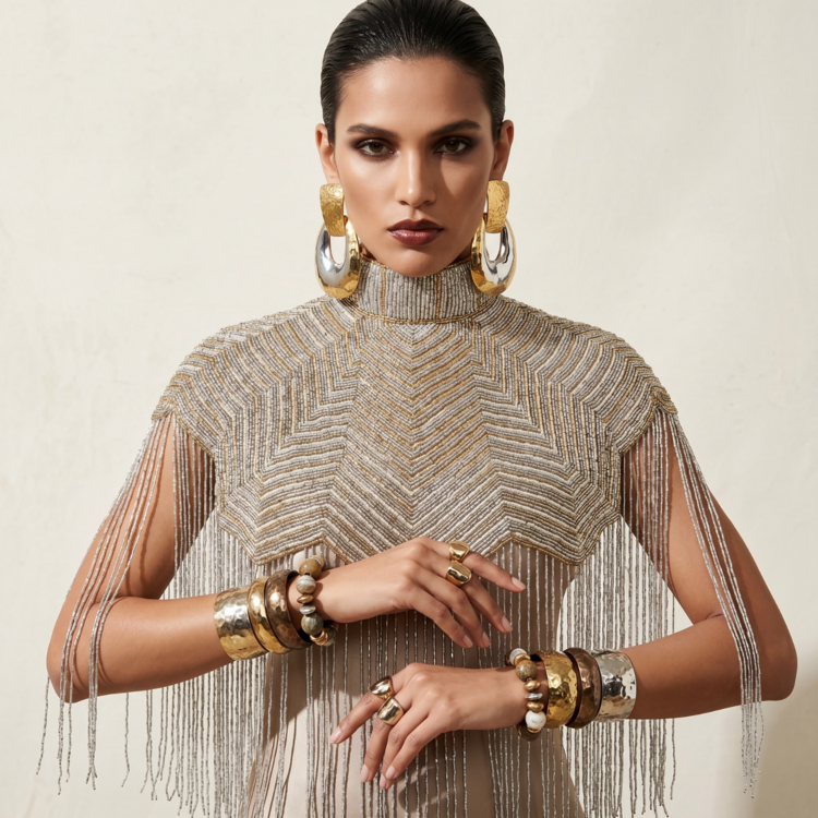 Elysian Beaded Fringe Cape Silver and Gold