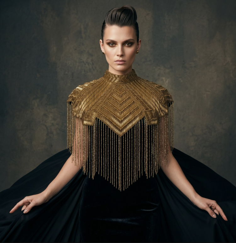 Marquee Beaded Fringe Cape Gold and Black
