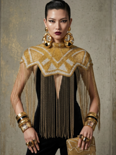 Regent Art Deco Beaded Fringe Cape Gold and Silver