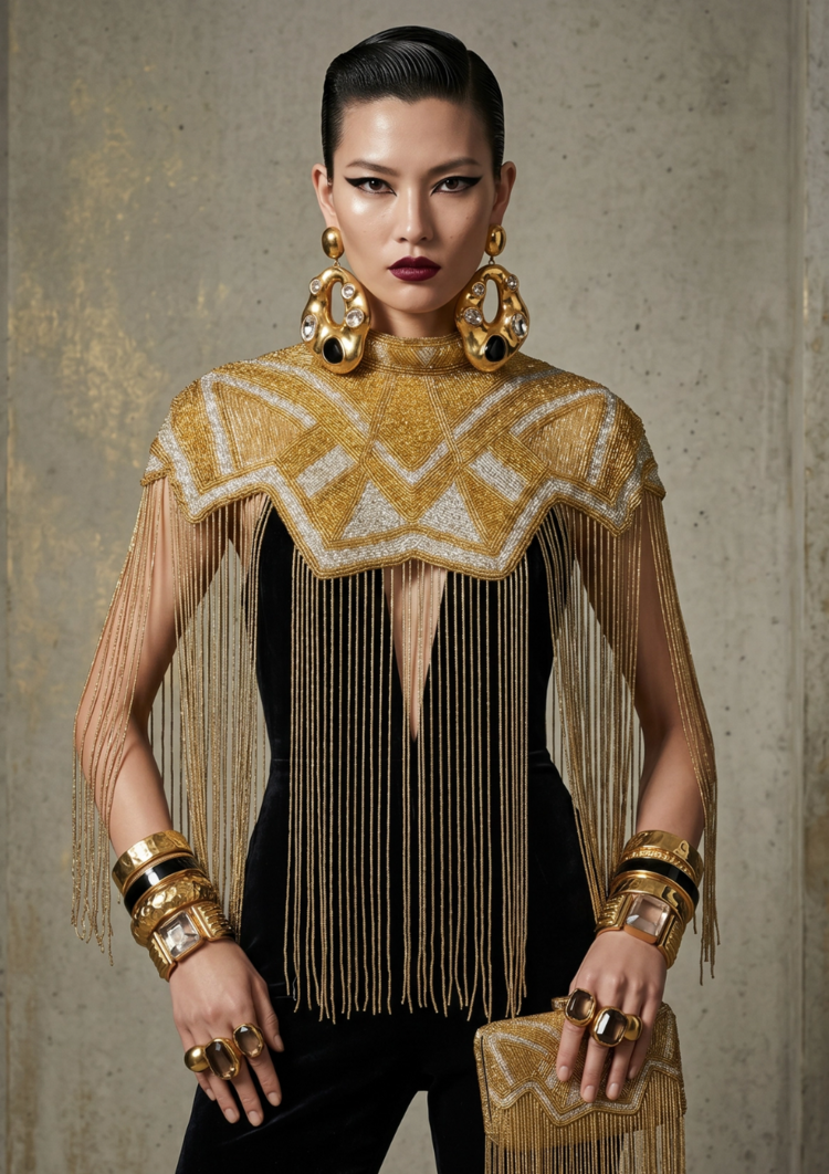 Regent Art Deco Beaded Fringe Cape Gold and Silver